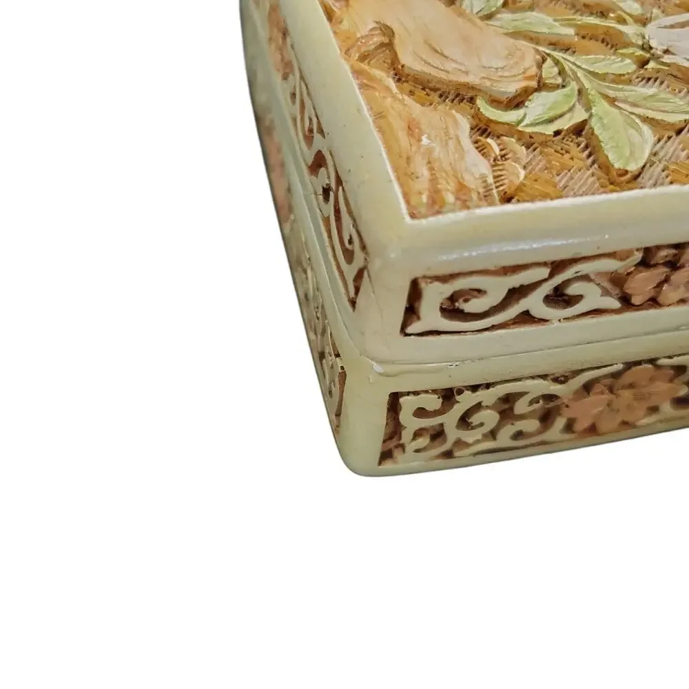 Vintage Ivory Cinnabar Floral Carved Trinket/Jewelry Box & Lid Purple Rose MCM